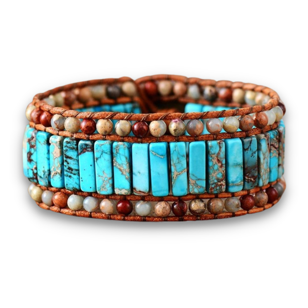 Bracelet Bohémien en Turquoise bleue et Jaspe "Sérénité & Bien être"
