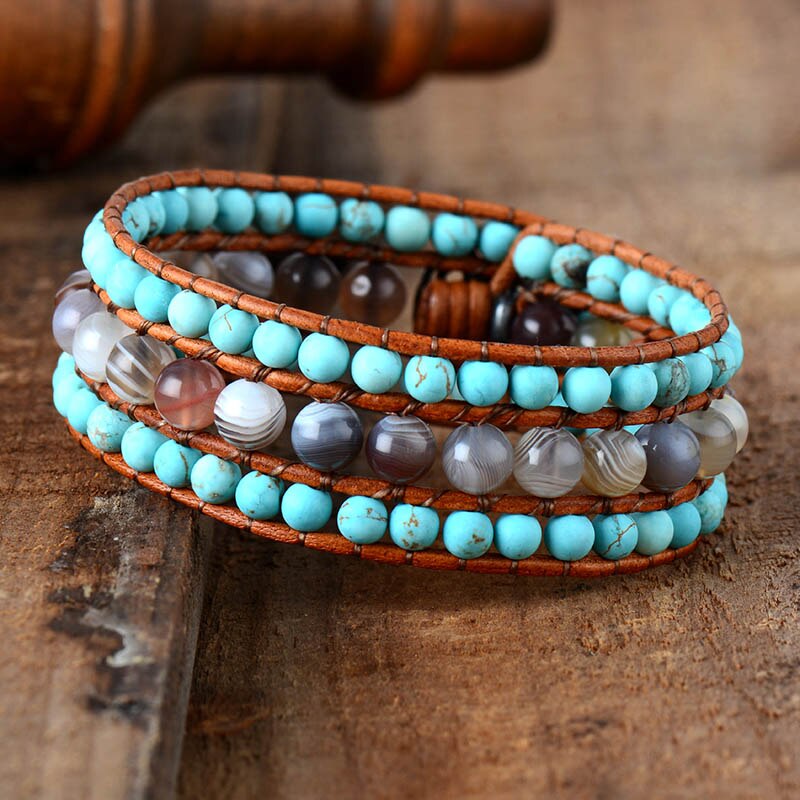 Bracelet Bohémien en Turquoise bleue et Jaspe "Sérénité & Bien être"
