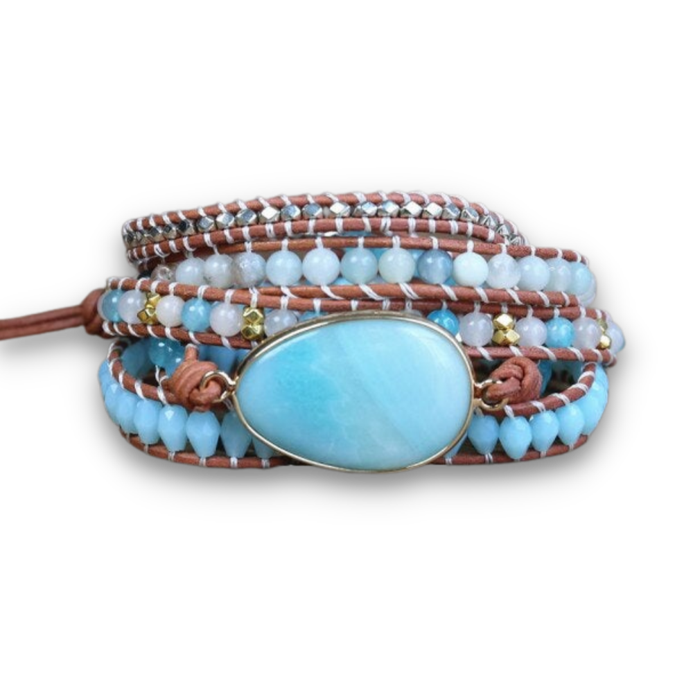 Bracelet Bohémien en Amazonite "Paix & Courage" - Cabochon