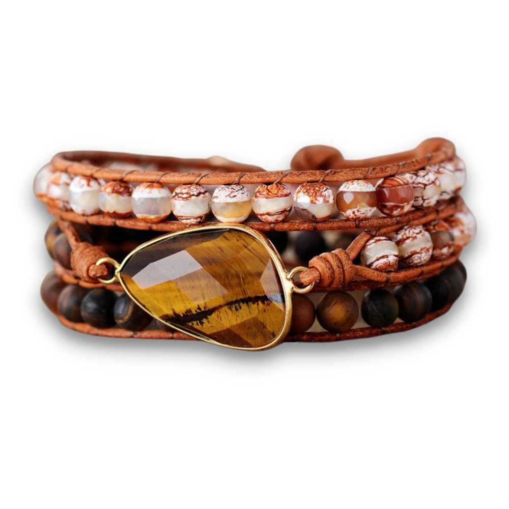 Bracelet Bohémien en Oeil de tigre et Agate "Courage & Audace" - Cabochon