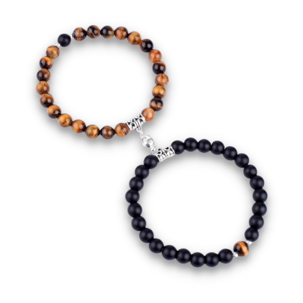 Double Bracelets Couple en Oeil de tigre et Onyx "Courage & Audace"