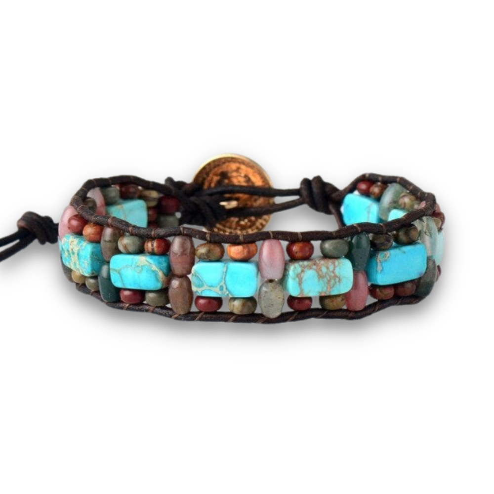 Bracelet Bohémien en Turquoise bleue et Jaspe "Sérénité & Bien être"
