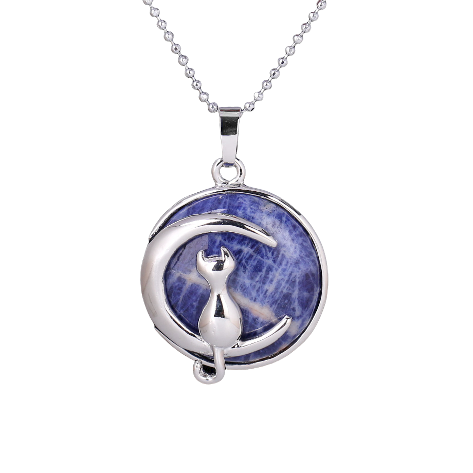 Chaîne et son Pendentif en Sodalite "Humilité & Courage" - Chat au clair de lune