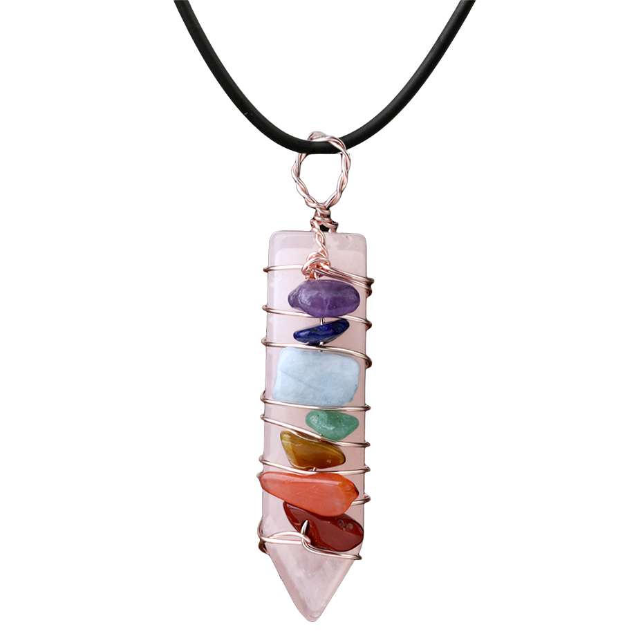 Cordon et son Pendentif Sept Chakras en Quartz rose "Amour & Confiance en soi"