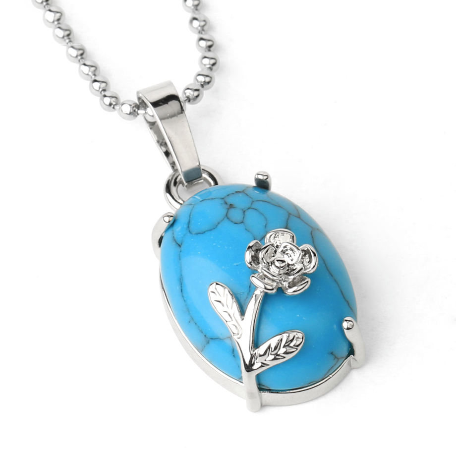 Chaîne et son Pendentif Reiki en Turquoise "Stabilité & Empathie" - Cabochon fleuri