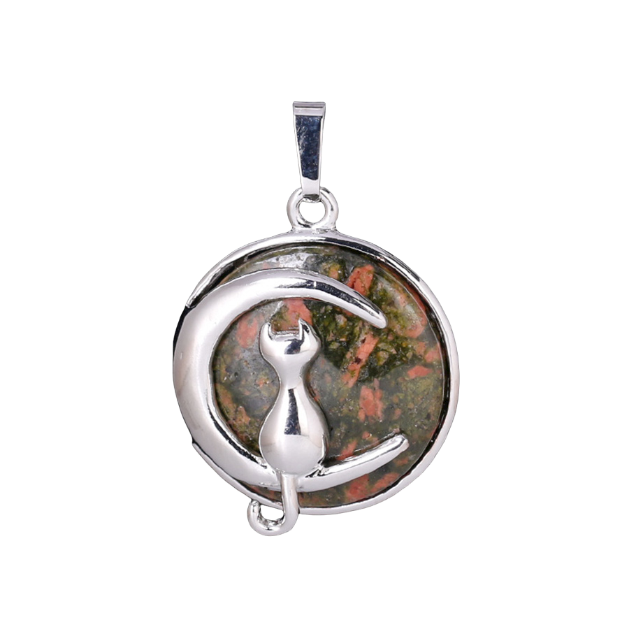 Pendentif Porte Bonheur en Unakite "Confiance & Sagesse" - Chat au clair de lune
