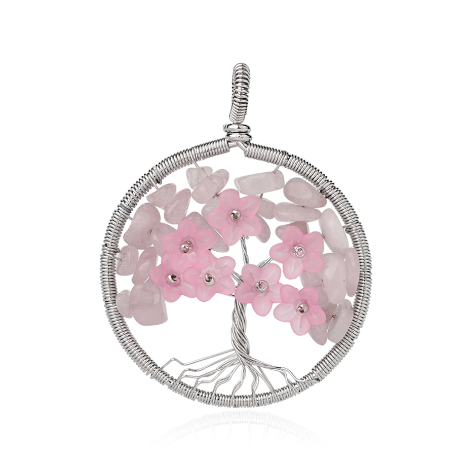 Pendentif Reiki en Quartz rose "Amour & Confiance en soi" - Arbre de vie