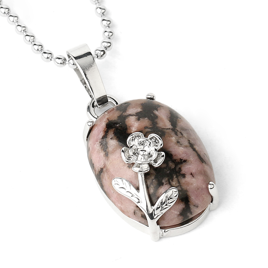 Chaîne et son Pendentif Reiki en Rhodonite "Amour & Bienveillance" - Cabochon fleuri