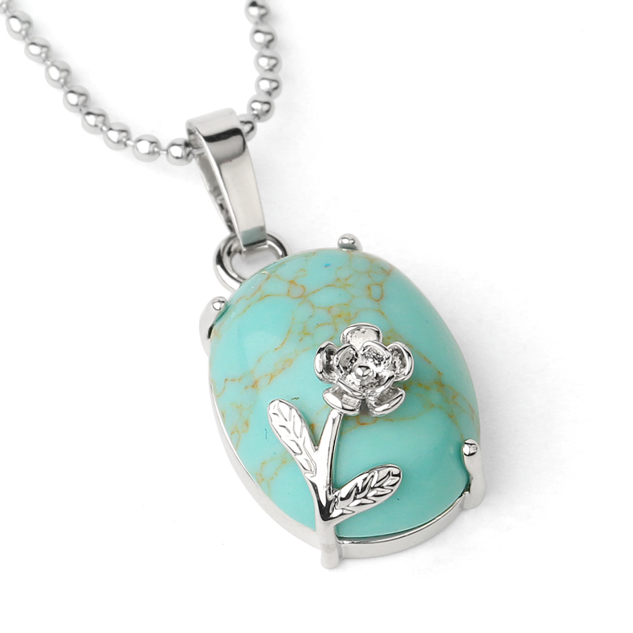 Chaîne et son Pendentif Reiki en Turquoise "Stabilité & Empathie" - Cabochon fleuri