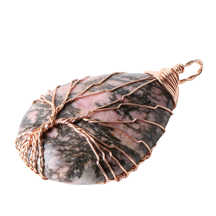 Pendentif Reiki en Rhodonite "Amour & Bienveillance" - Goutte & Arbre de vie