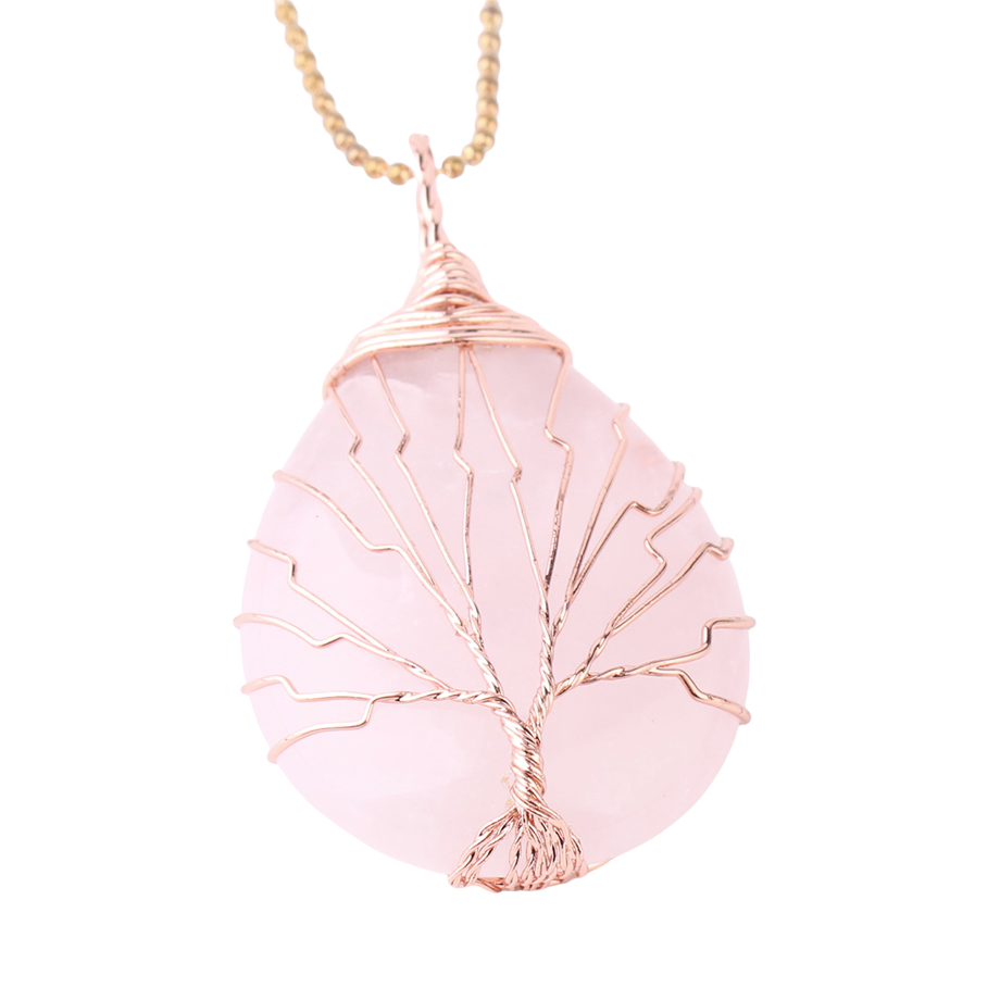 Chaîne et son Pendentif Reiki en Quartz rose "Amour & Confiance en soi" - Goutte & Arbre de vie