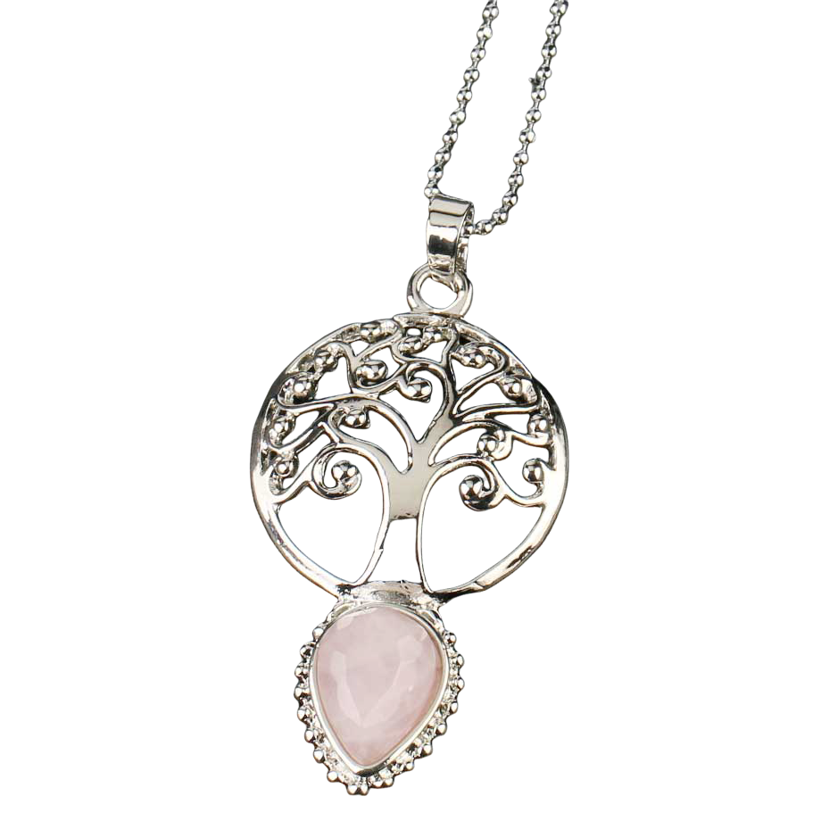Chaîne et son Pendentif Guérison en Quartz rose "Amour & Confiance en soi" - Larme & Arbre de vie
