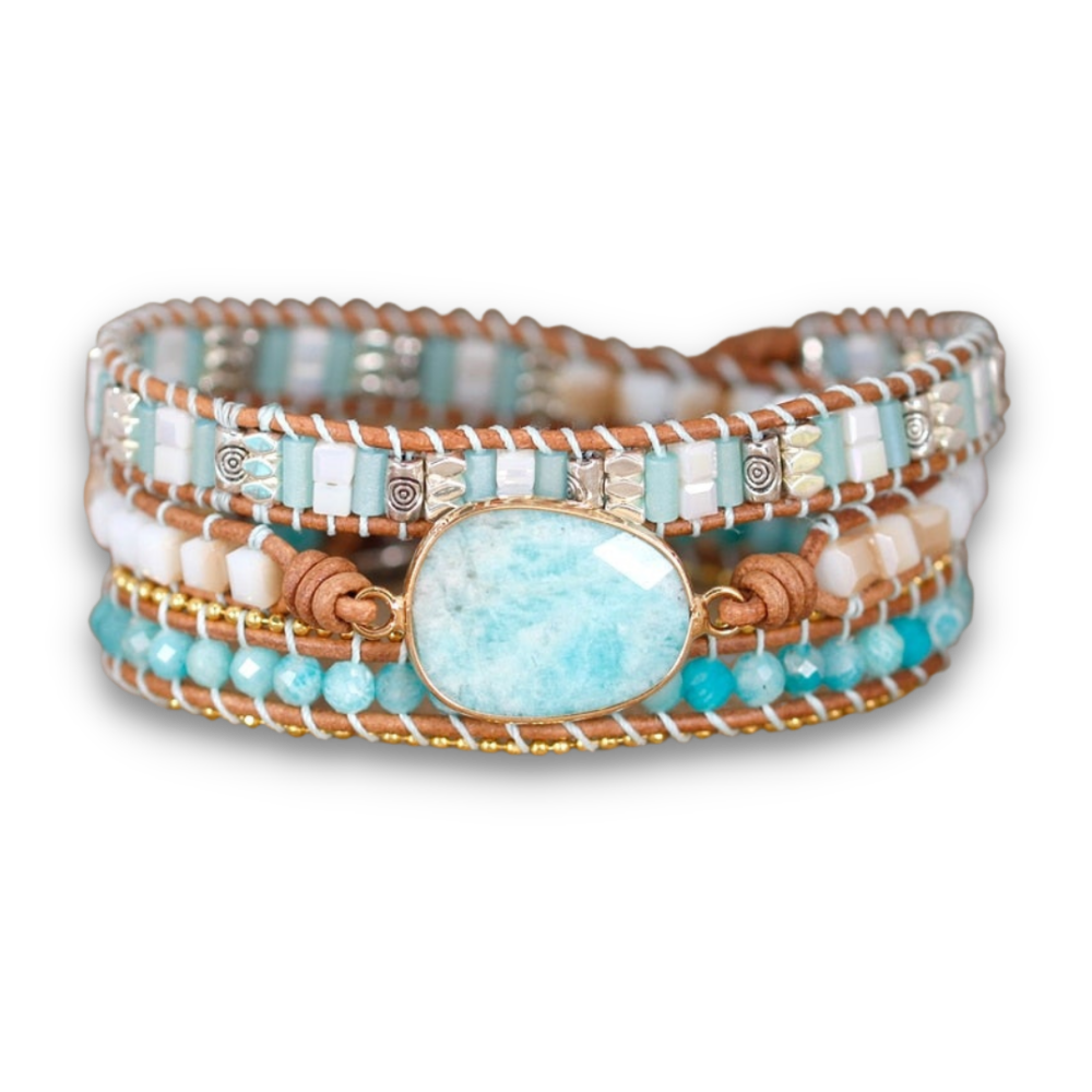 Bracelet Bohémien en Amazonite "Paix & Courage" - Cabochon