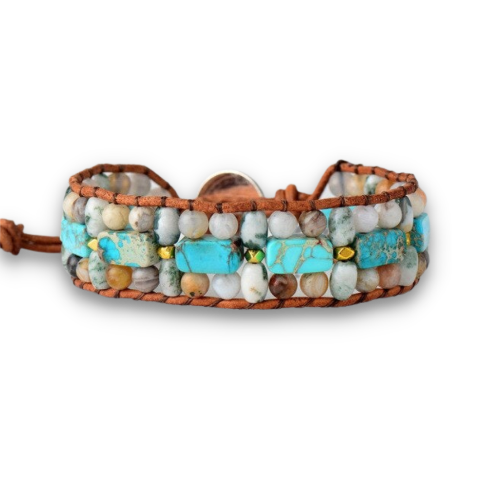 Bracelet Bohémien en Turquoise bleue et Jaspe "Sérénité & Bien être"