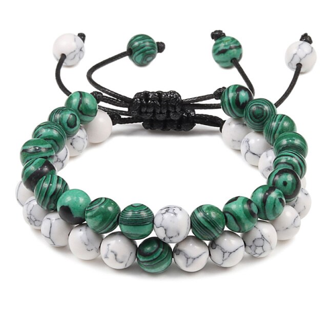 Double Bracelets Couple en Malachite et Turquoise blanche "Protection & Clairvoyance" - Ajustable