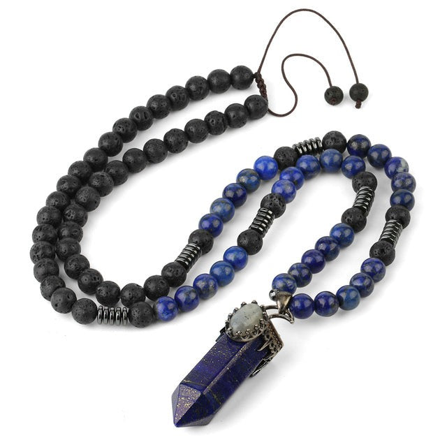 Cordon et son Pendentif en Lapis-Lazuli et Pierre de lave "Santé & Harmonie"
