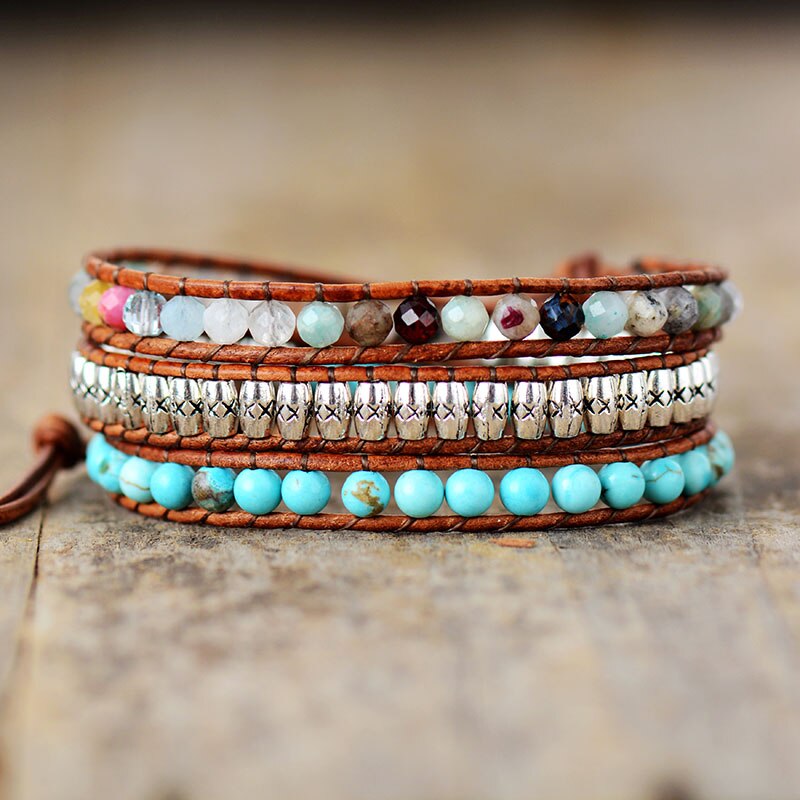 Bracelet Bohémien en Turquoise bleue et Quartz "Sérénité & Bien être"