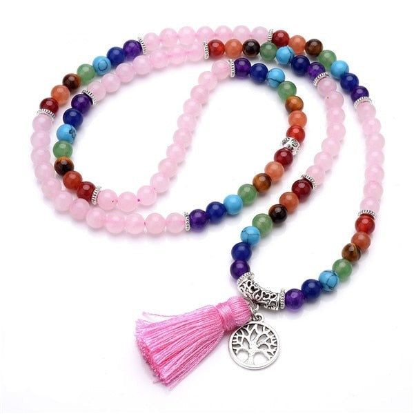 Bracelet Mala Sept Chakras en Quartz rose - Le Confiant - Arbre de vie