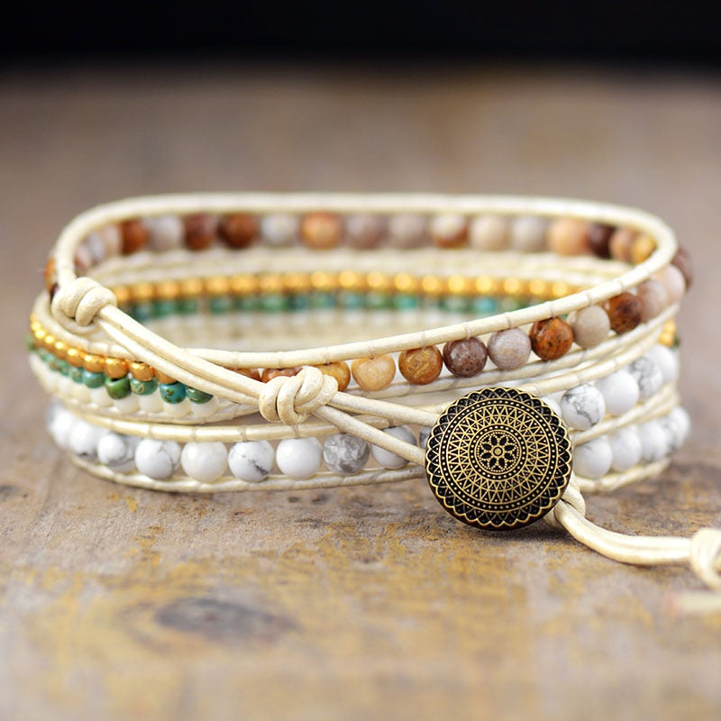 Bracelet Bohémien en Turquoise blanche et Jaspe "Sagesse & Conscience"