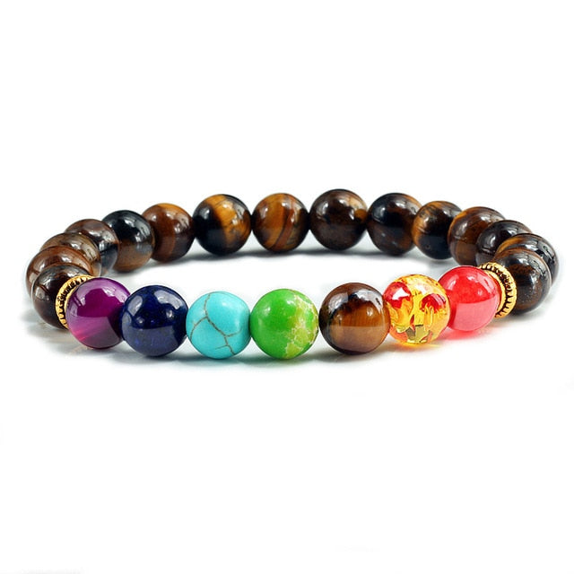 Bracelet Sept Chakras en Oeil de tigre "Courage & Audace"