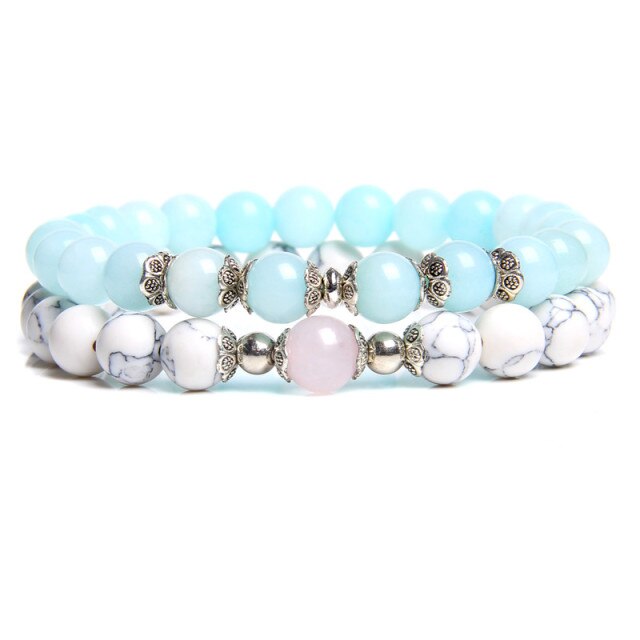 Double Bracelets en Aigue Marine et Turquoise blanche "Paix & Sérénité"