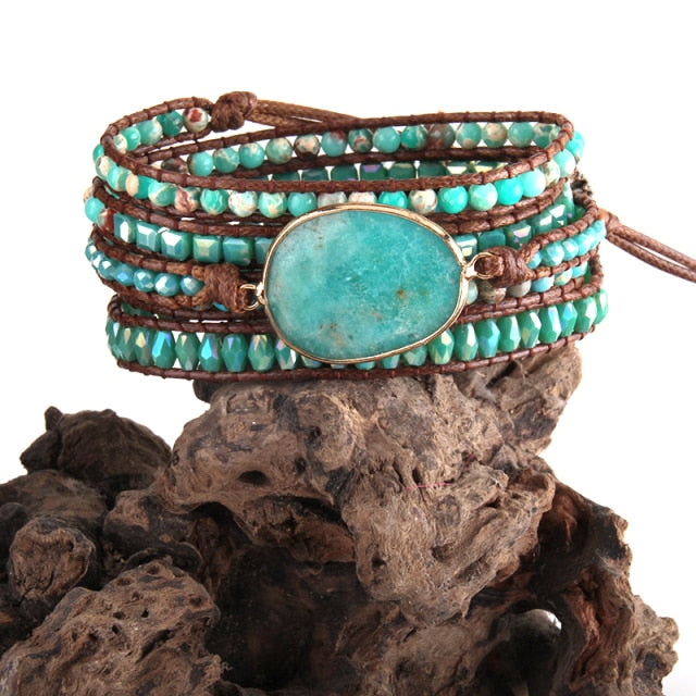 Bracelet Bohémien en Amazonite "Paix & Courage" - Cabochon