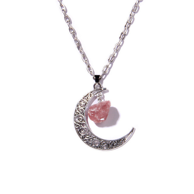 Chaîne et son Pendentif Guérison en Quartz fraise "Légèreté & Amour" - Lune